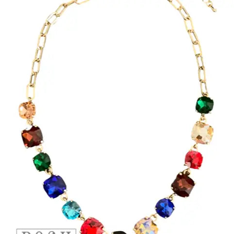 Multi-Color Square Rhinestone and Chain Necklace