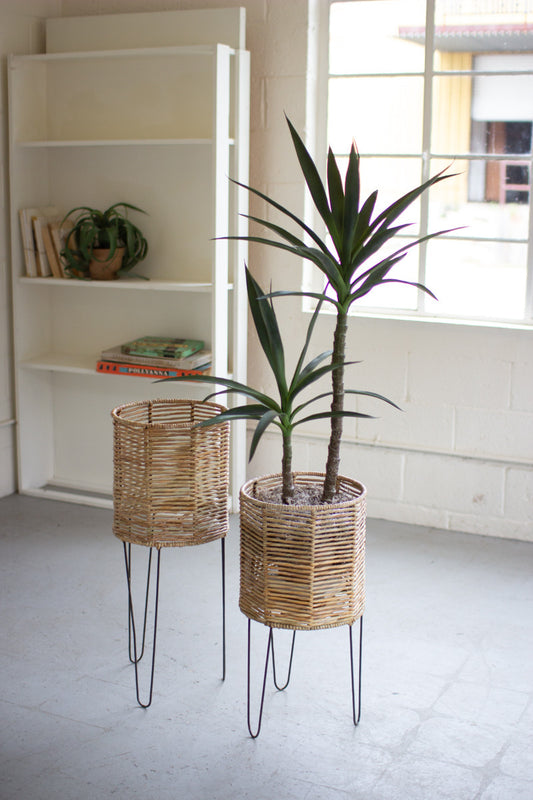 Round Seagrass Planters with Iron Bases