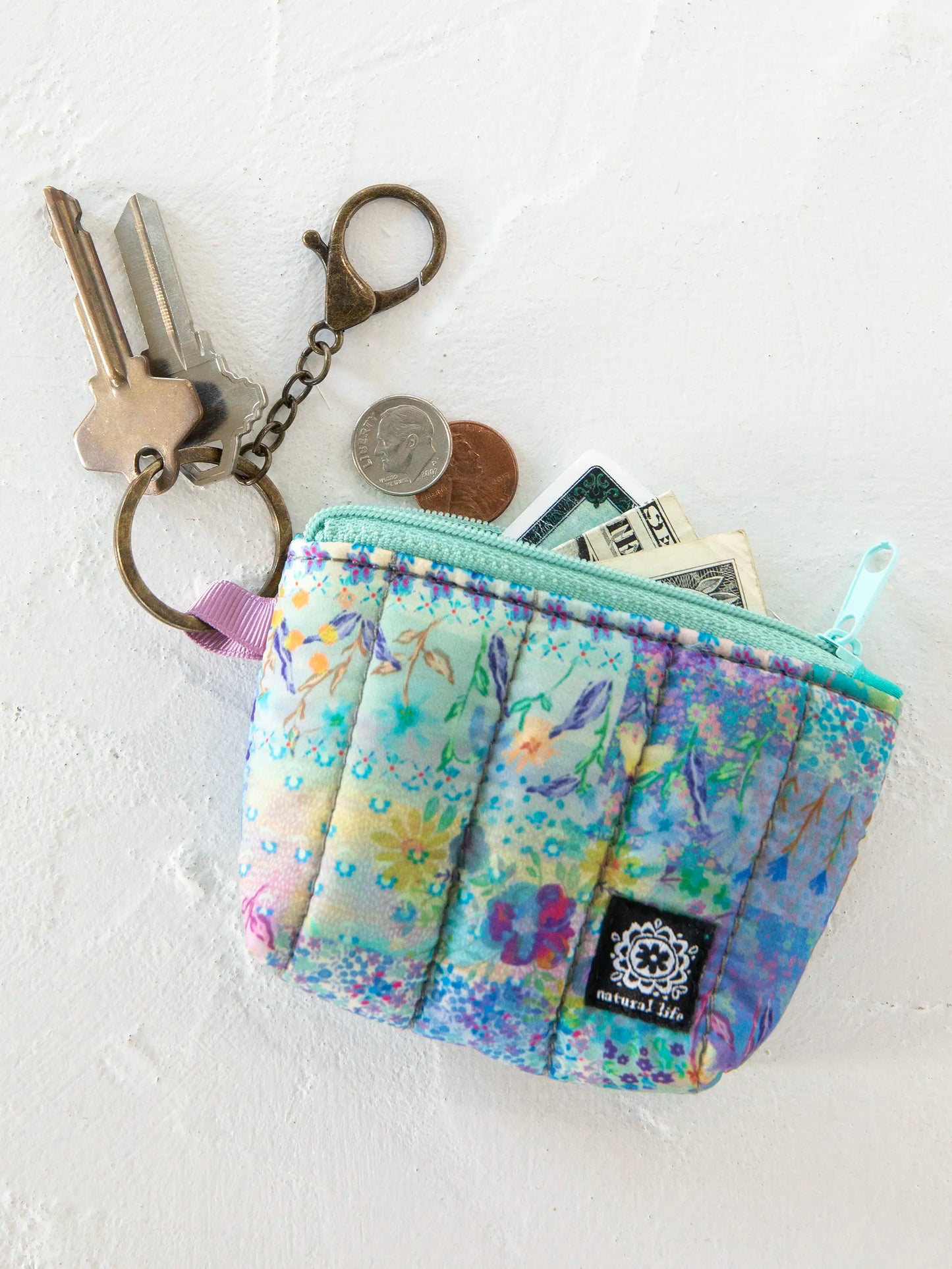 Mini Puffy Coin Purse Key Clip - Blue Watercolor Patchwork