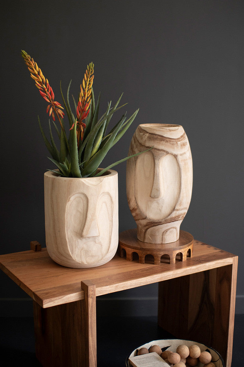 Wood Hand-Carved Face Planters