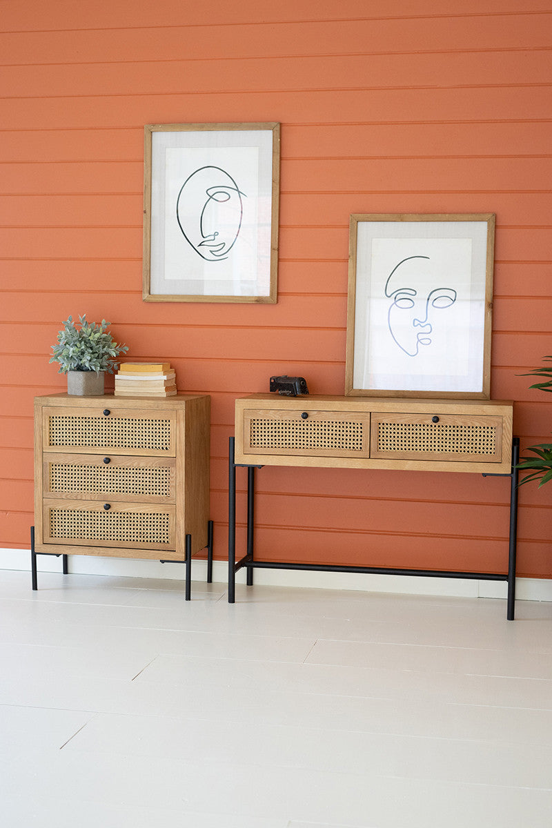 Woven Cane Wooden Table with Drawers