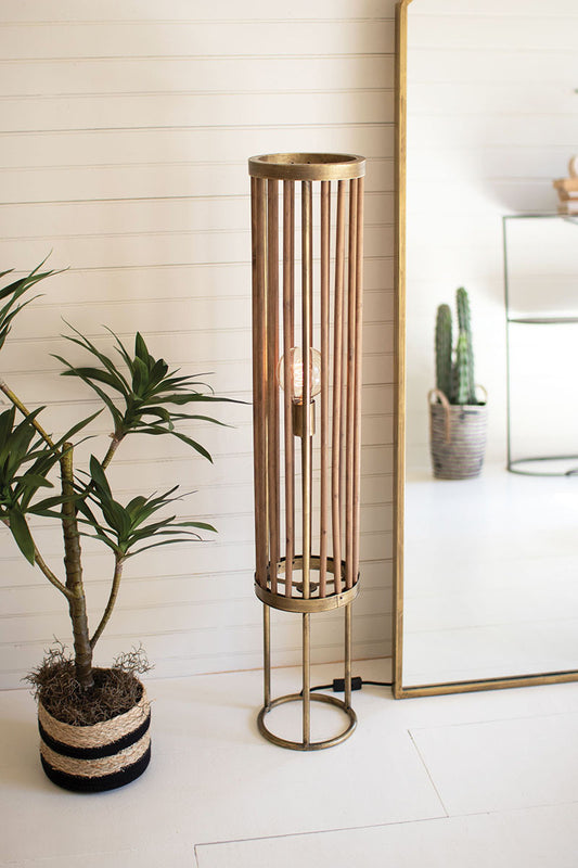 Round Brass & Wood Cylinder Floor Lamp