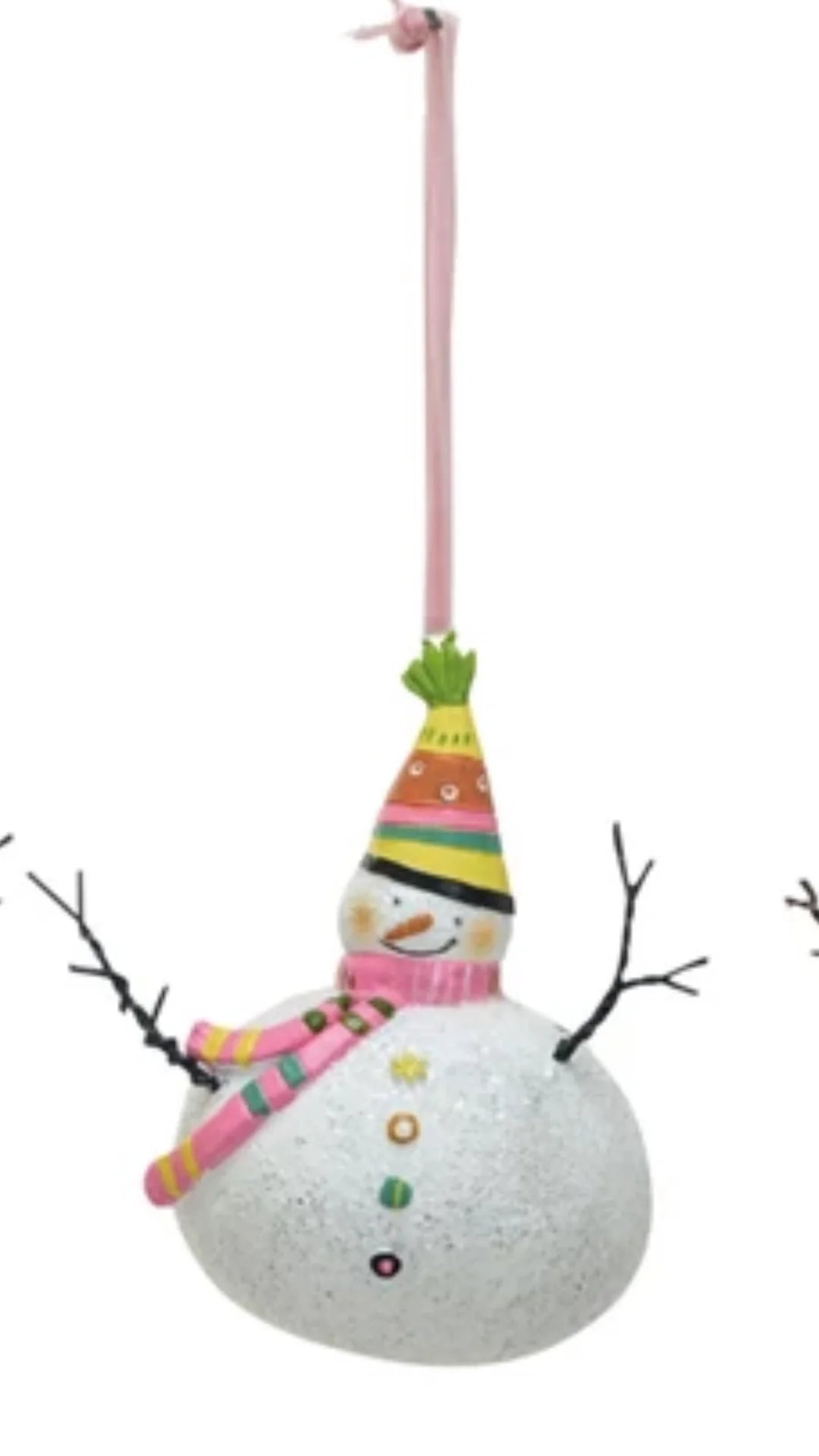 Resin Snowman Ornament w/ Glitter & Pink Velvet Ribbon