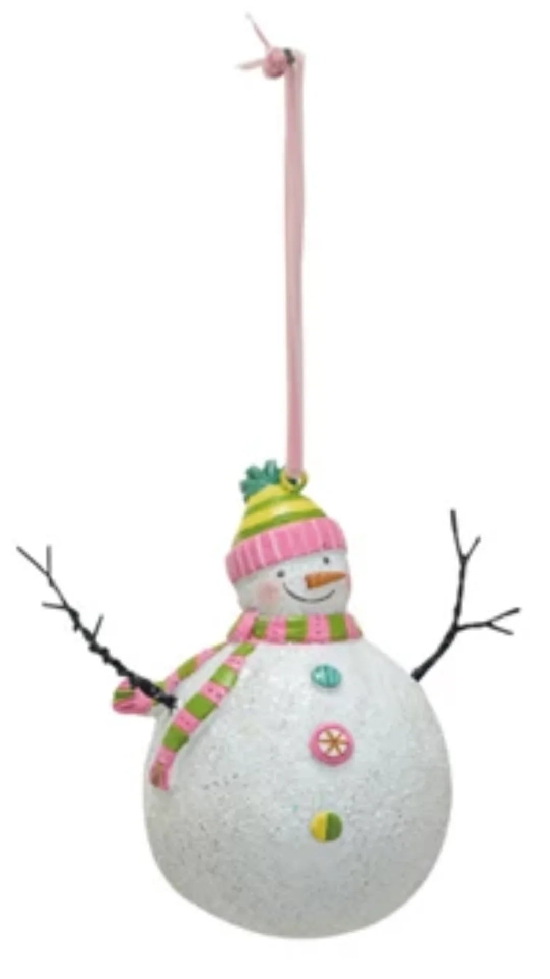 Resin Snowman Ornament w/ Glitter & Pink Velvet Ribbon