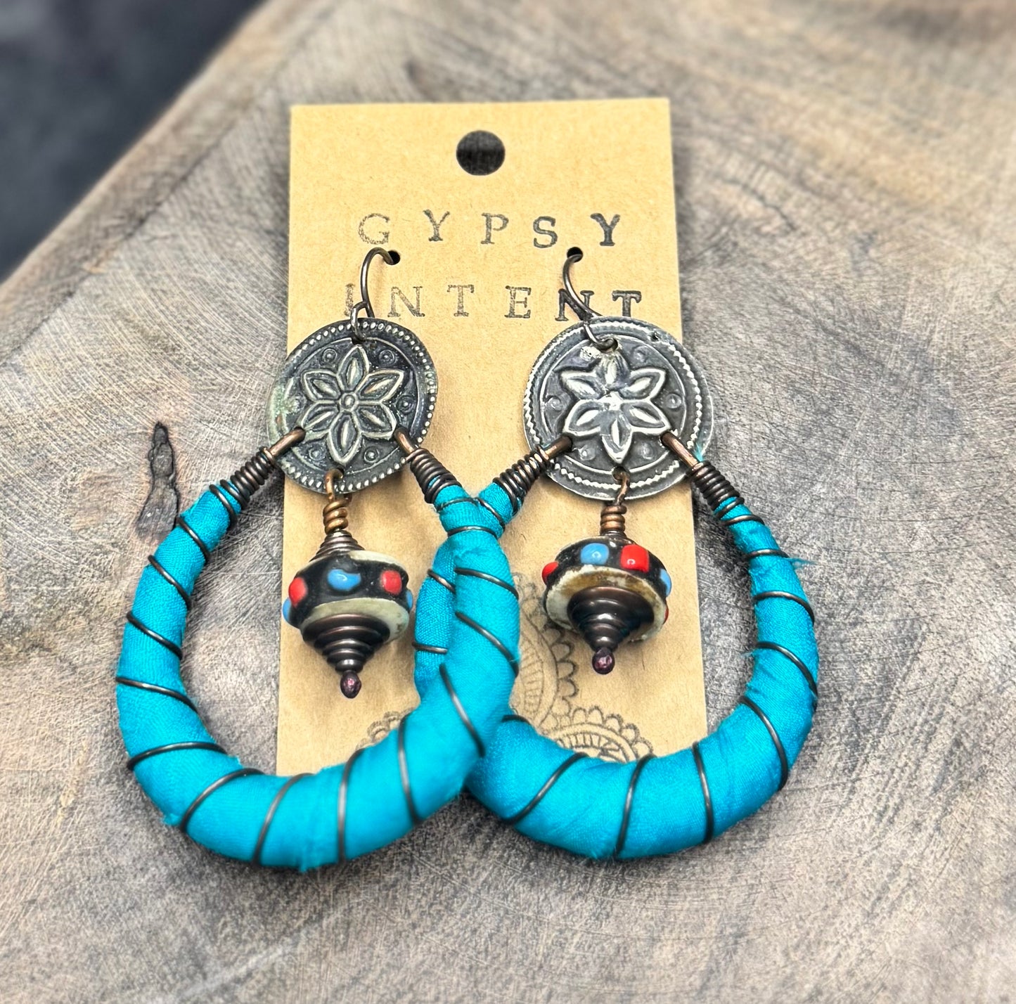 Turquoise Silk Hoops w/ Amulets & Prayer Beads