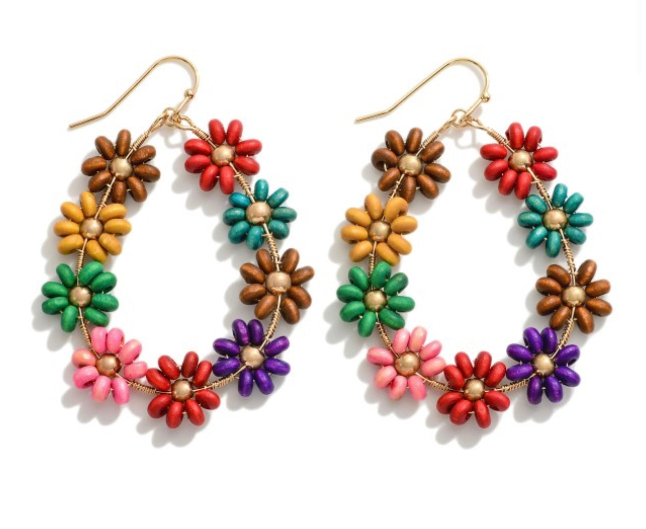 Wood Bead Flower Teardrop Earrings