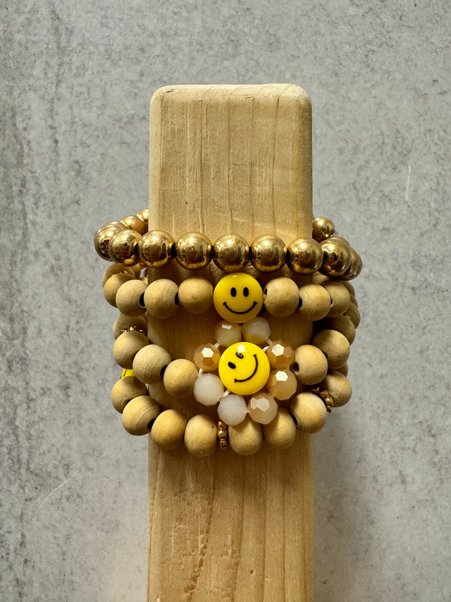 Wood Beaded and Smile Flower Bracelet Set