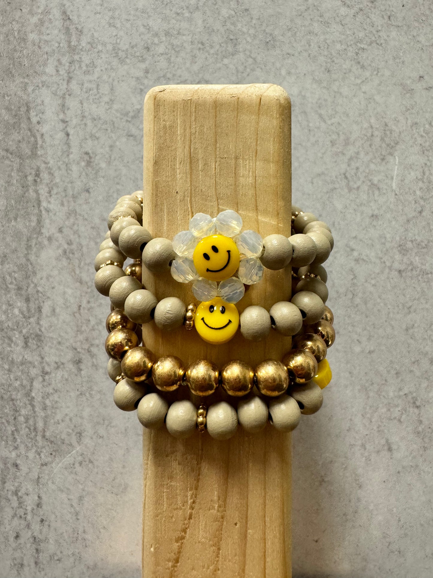 Wood Beaded and Smile Flower Bracelet Set