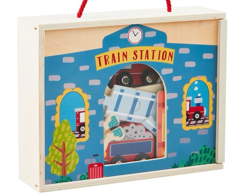 Boxed Wood Train Station Play Set