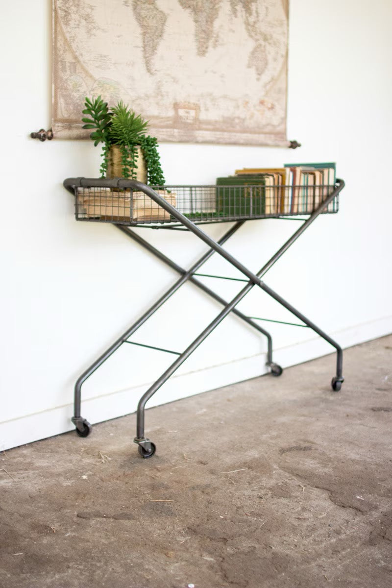 Rolling Metal Basket Console