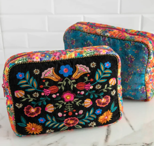 Embroidered Corduroy Cosmetic Pouch - Black Folk Flower