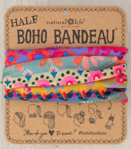 Half Boho Bandeau Headband - Pink Mustard Floral Border