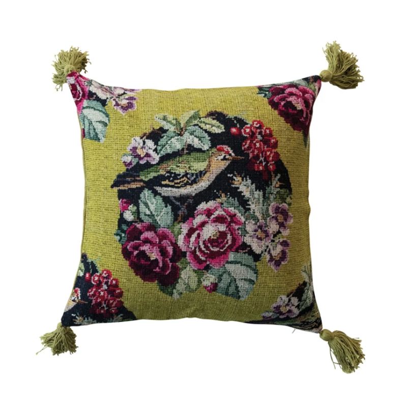 Woven Bird Patterned Tassel Pillow