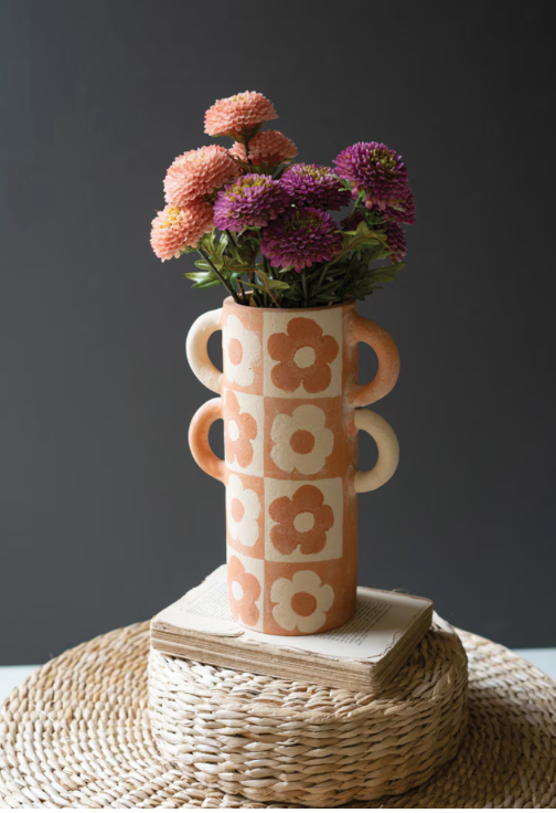 Graphic Flower Clay Cylinder Vase