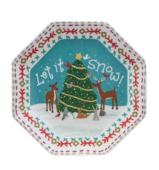 Ceramic Octagon Shaped Plate w/ Christmas Tree & Deer