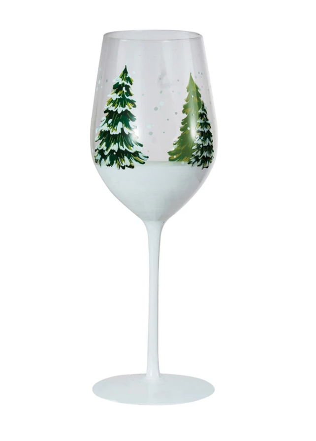 Hand Painted Tree & Snow Wine Glass