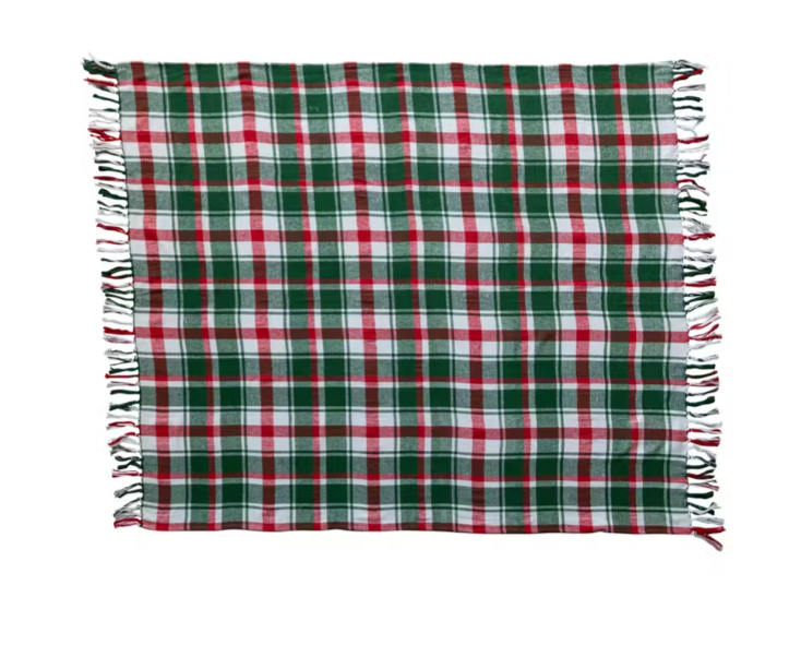 Red, Green & White Plaid Fringe Cotton Flannel Throw