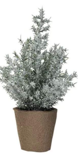 Snow/Frost Finish Faux Evergreen Tree in Paper Pot