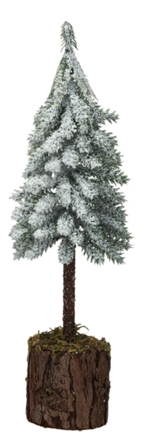 Snow/Frost Finish Faux Fir Tree w/ Wood & Moss Base