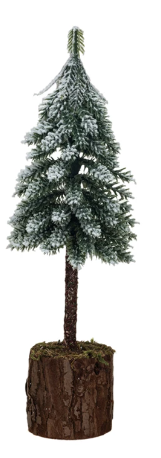 Snow/Frost Finish Faux Fir Tree w/ Wood & Moss Base