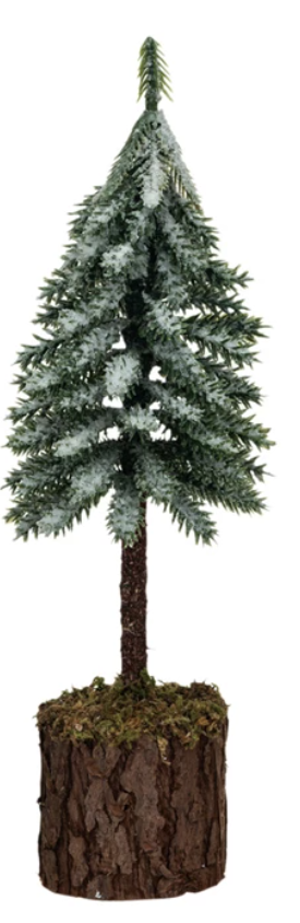 Snow/Frost Finish Faux Fir Tree w/ Wood & Moss Base