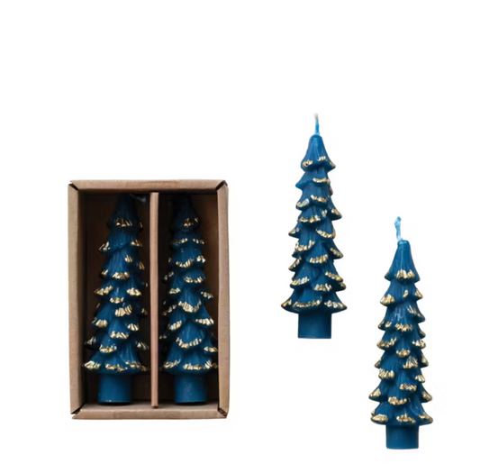 Blue Unscented Tree Shaped Taper Candles w/ Gold Tips