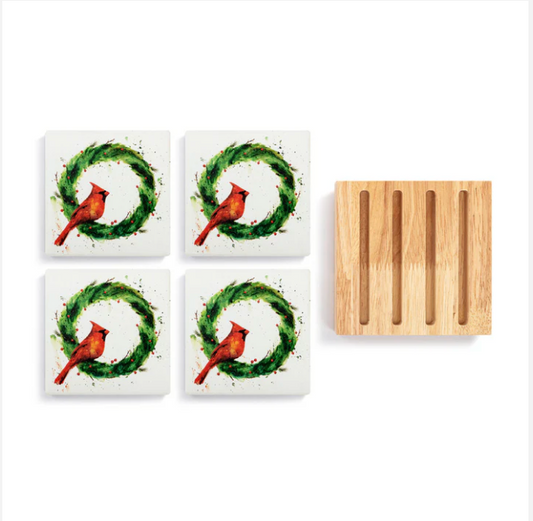 Cardinal Holly Coaster Set