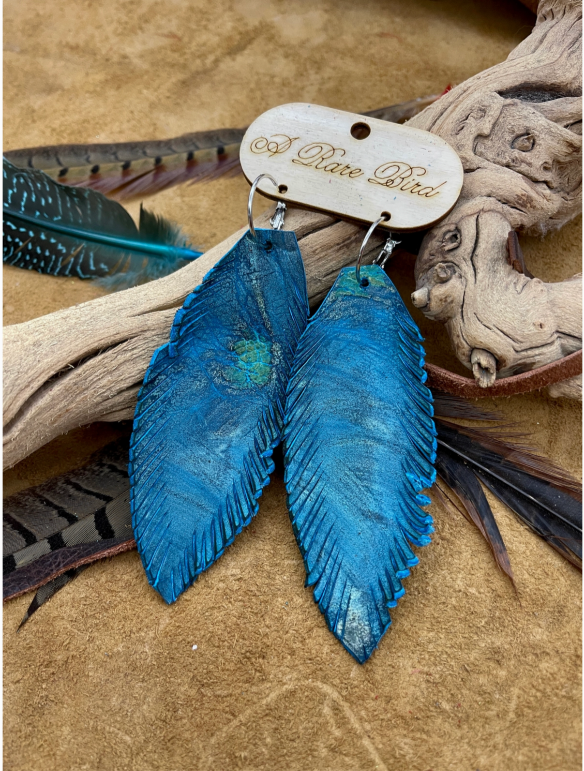 Hand-Cut Turquoise Swirl Leather Feather Earrings