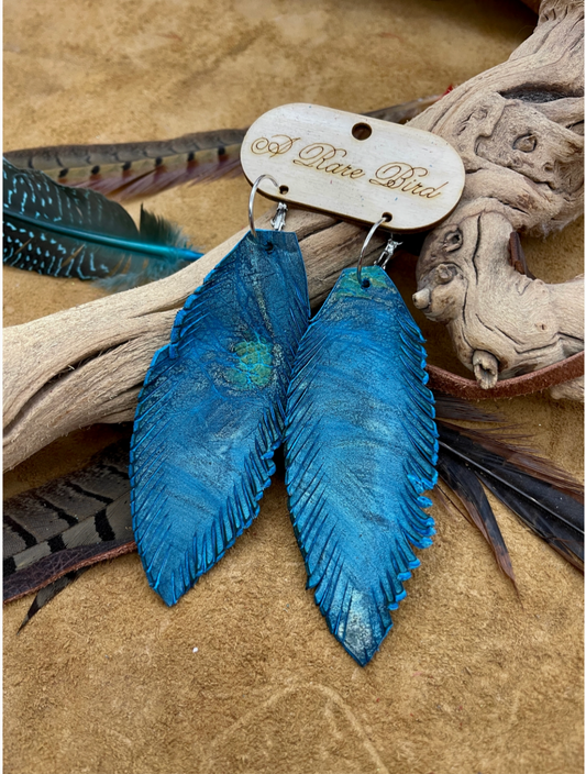 Hand-Cut Turquoise Swirl Leather Feather Earrings