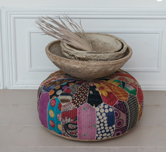 Vintage Cotton Kantha Patchwork Pouf w/ Embroidery