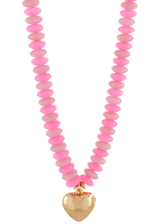 Color Wide Beaded Puffy Heart Necklace