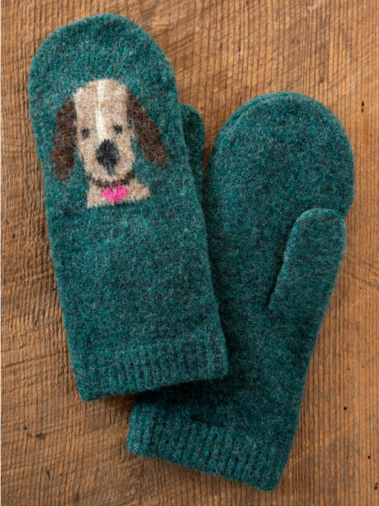 Intarsia Mittens - Turquoise Dog