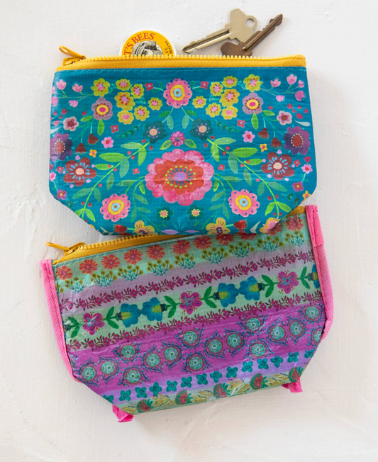 Small Reversible Recycled Zip Pouch - Turquoise Folk Flower