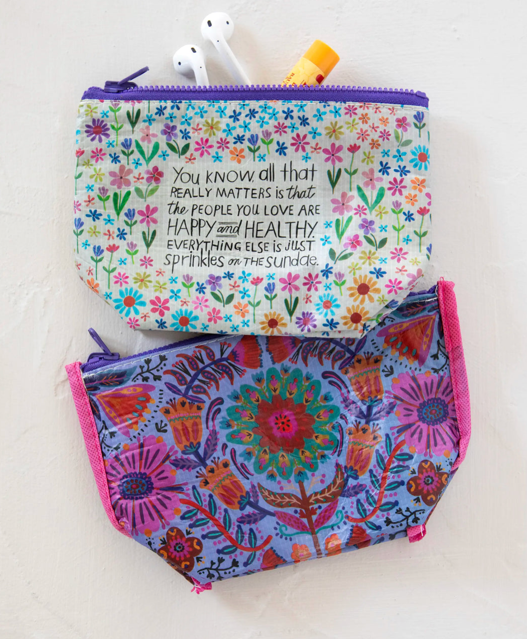 Small Reversible Recycled Zip Pouch - Happy Healthy