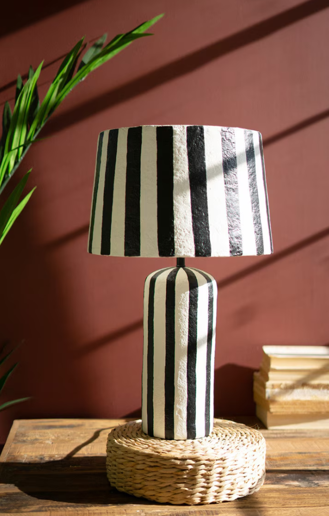 Striped Black and White Paper Mache Table Lamp