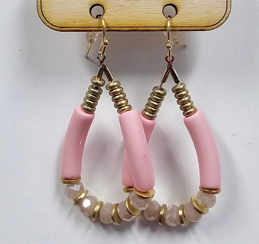 Pink Tube Bead Teardrop Earrings