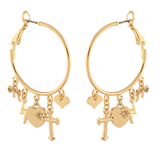 Cross & Heart Charm Dangling Hoops