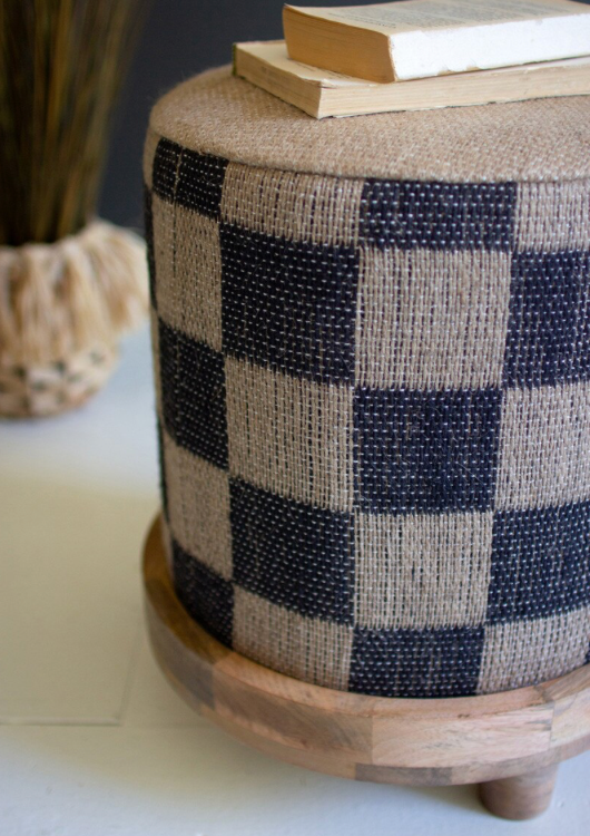 Checkered Jute Footstool