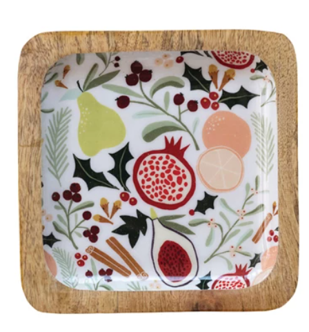 Enameled Mango Wood Trays w/ Fruit & Dot Patterns