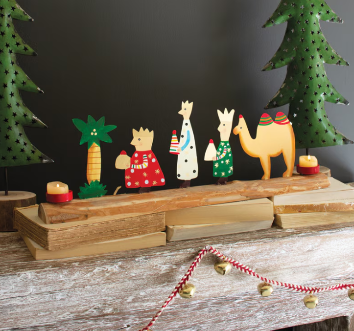 Painted Metal Christmas Kings and Camel on a Wood Base