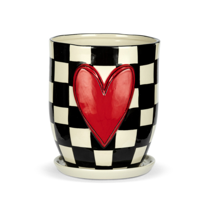 Checker Red Heart Planter & Saucer