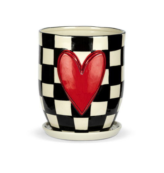 Checker Red Heart Planter & Saucer