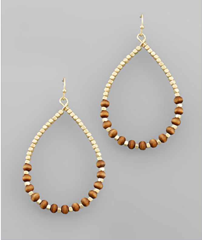 Wood & Metal Ball Teardrop Earrings