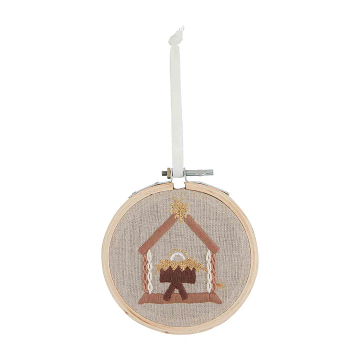 Embroidered Linen Wood Hoop Ornament