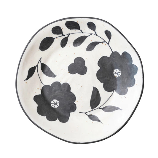 Matte Black & Cream Floral Stoneware Plate