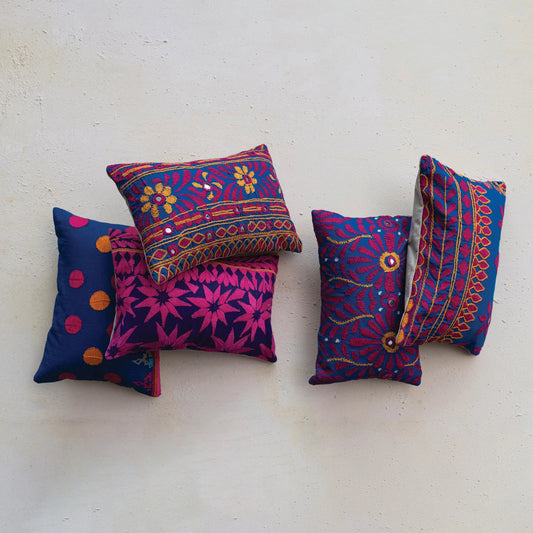 Found Cotton Lumbar Pillow w/ Embroidered Design