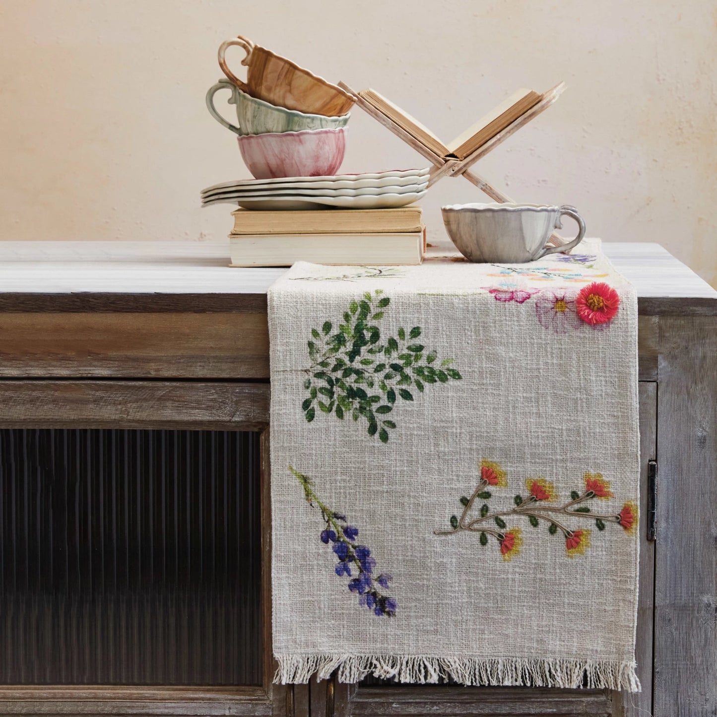 Embroidered Flowers & Fringe Printed Table Runner