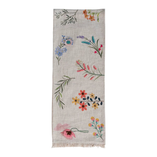 Embroidered Flowers & Fringe Printed Table Runner