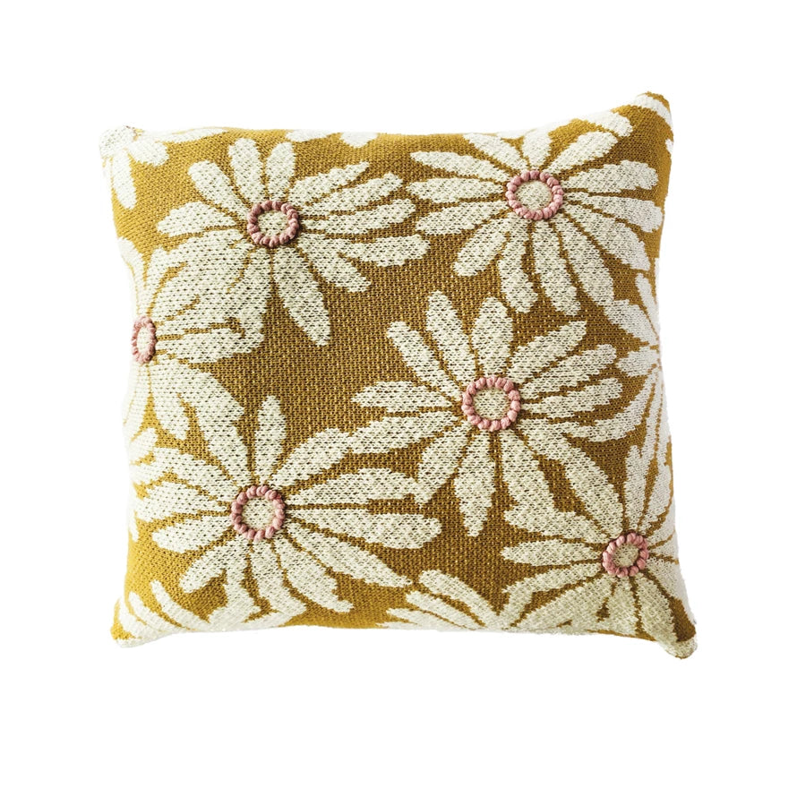 Embroidered Flower Square Cotton Knit Pillow