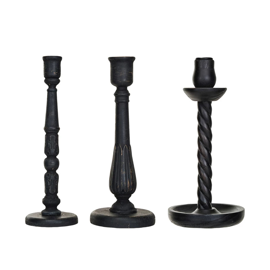 Black Carved Wood Taper Holders